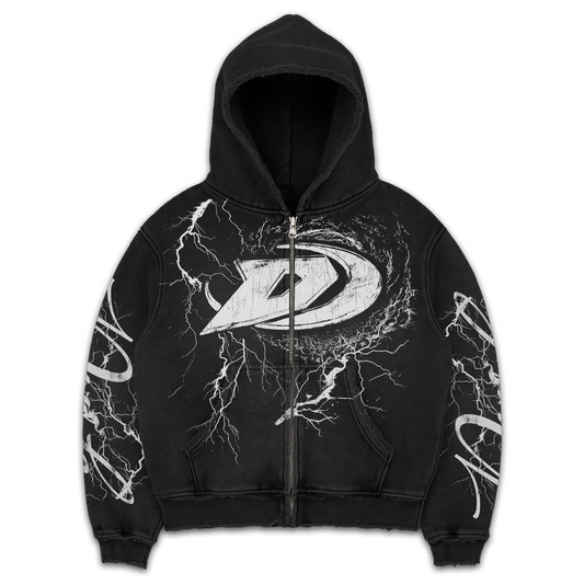 BORN IN THE STORM BLACK ZIP UP HOODIE